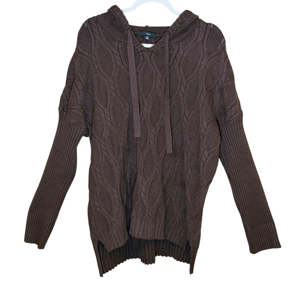 FATE Cable Knit‎ Sweater Brown Plus Size 1XL Hooded Cozy Casual Relaxed